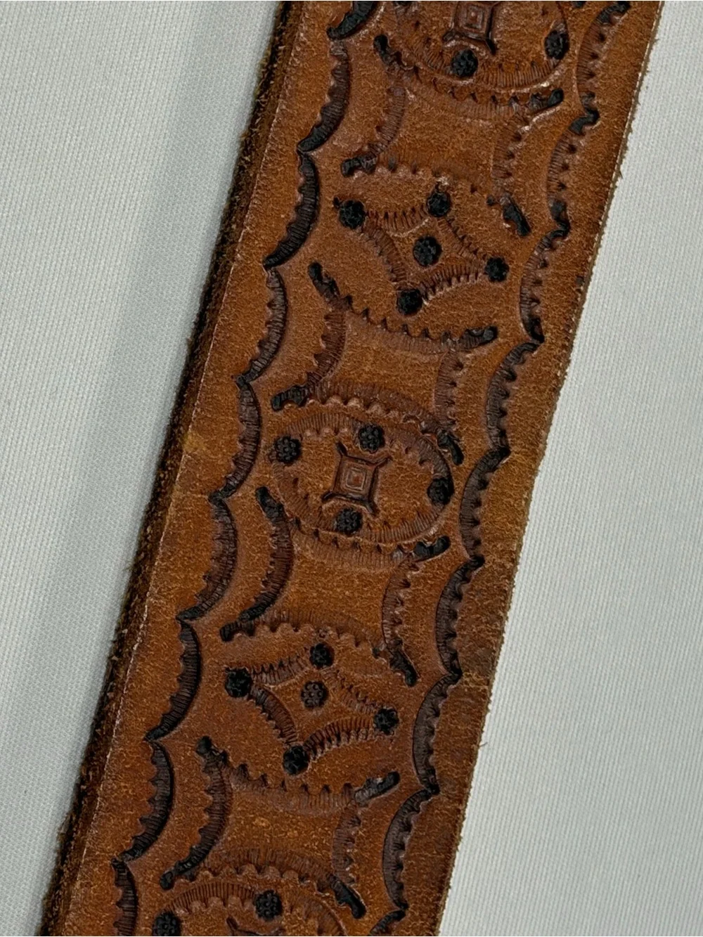 Vintage Tooled Leather Belt Brown Solid Brass Palm Tree Island Buckle Size 36